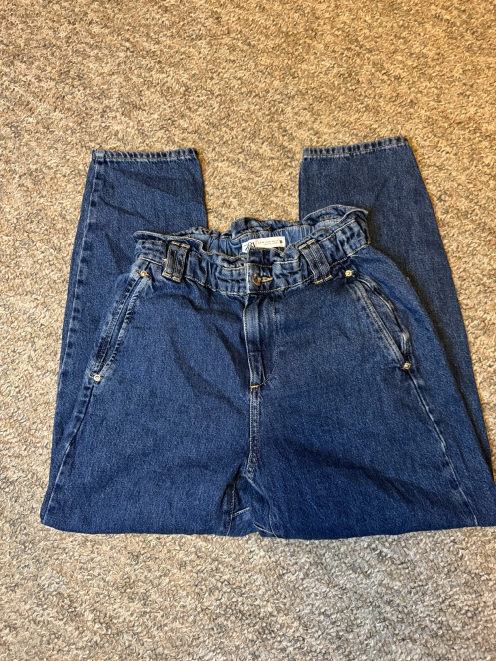 Zara Dark Blue High-Rise Paperbag Jeans